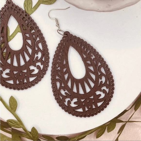 Boho Wooden Teardrop Earrings | Lightweight Statement Dangle Jewelry - Picture 3 of 3